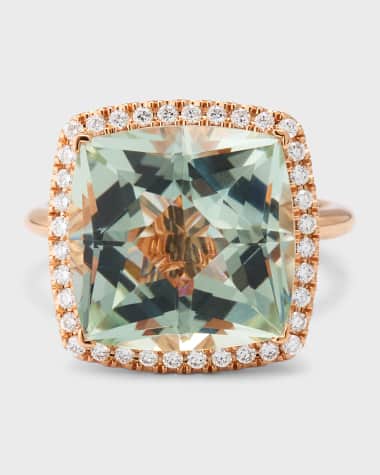 Lisa Nik Rocks 18K Rose Gold Cushion Cut Green Quartz and Diamond Halo Cocktail Ring, Size 6