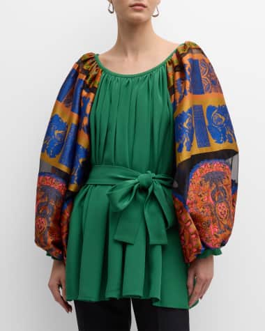 Rianna + Nina Kipos Reggina Jacquard-Sleeve Evening Blouse