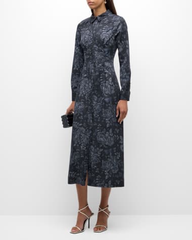 Lela Rose Floral-Print Long-Sleeve A-Line Maxi Shirtdress