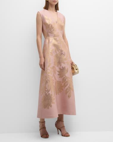 Lela Rose Blair Metallic Floral Jacquard Sleeveless Midi Dress