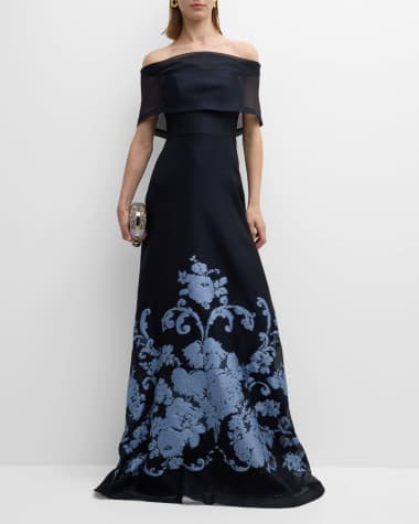 Lela Rose Deedie Floral Jacquard Off-The-Shoulder Gown