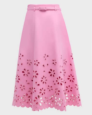 Maison Common Floral-Cutout Belted A-Line Midi Skirt