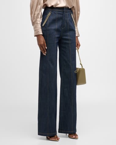 Cinq a Sept Chaya Topstitched Embellished Denim Straight-Leg Pants