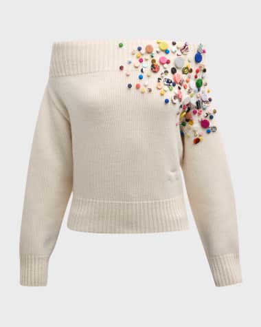 Hellessy Bruno Button Embellished Off-Shoulder Wool Cashmere Sweater