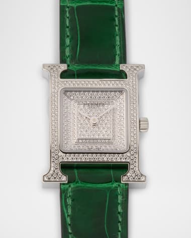 Hermes Heure H All Diamond Watch with Green Alligator Strap, 25 mm