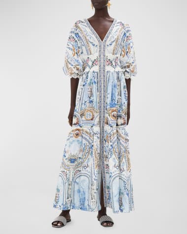 Camilla Shirred Waistband Tiered Printed Linen Dress