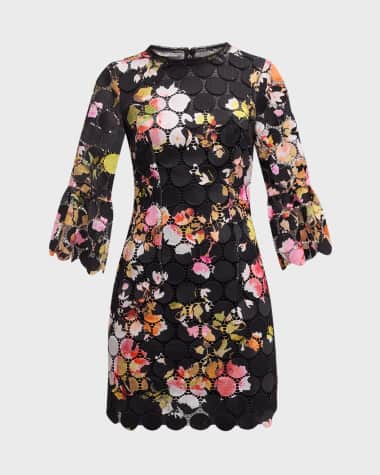 Monique Lhuillier Floral-Print Circle Lace Bell-Sleeve Mini Dress