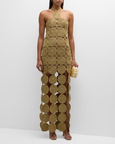 SIMONMILLER Beep Beep Lurex Crochet Cutout Halter Maxi Dress