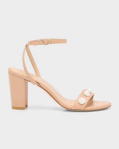 Stuart Weitzman Nearlybare Leather Pearly Ankle-Strap Sandals