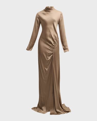 LAPOINTE Long-Sleeve Ruched Slit-Hem Double-Face Satin Bias Gown