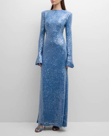 LAPOINTE Sequin Flare-Sleeve Strong-Shoulder Maxi Dress