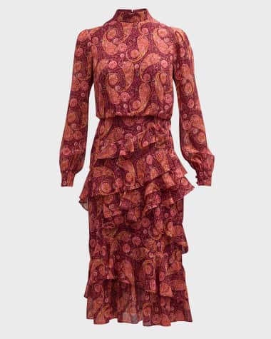 Saloni Isa Silk Georgette Tiered Ruffle Midi Dress