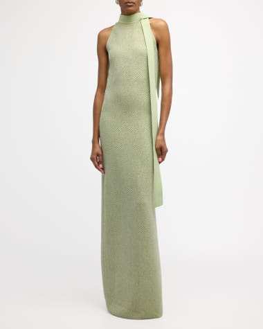 St. John Paillette Knit Neck-Scarf Halter Gown