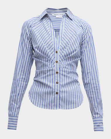 Veronica Beard Joelle Gathered Stripe Button-Front Top