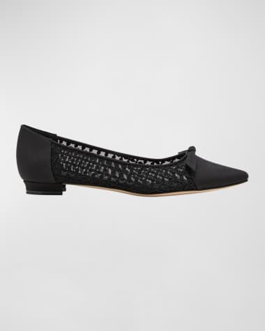 Manolo Blahnik Tiakala Satin Lace Bow Ballerina Flats