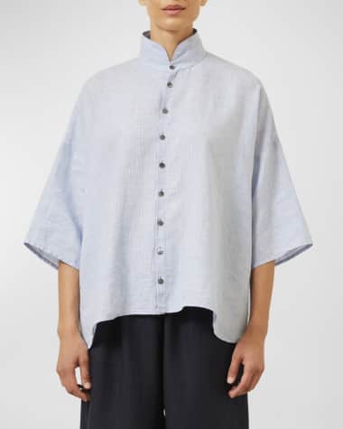Eskandar Gingham Wide A-Line Double Stand Collar Shirt (Mid Length)