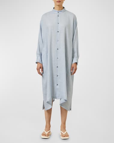 Eskandar Wide A-Line Collarless Midi Shirtdress