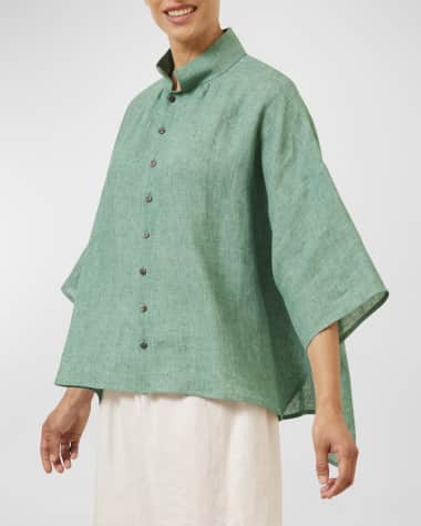 Eskandar Sloped-Shoulder Wide A-Line Pleated Collar Short-Sleeve Shirt (Mid Length)