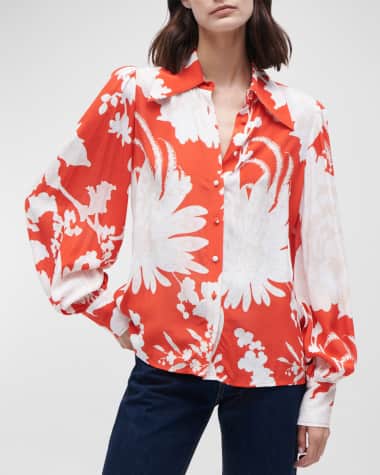 Figue Londyn Floral-Print Blouson-Sleeve Collared Top