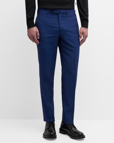 Navy blue linen flat-front slim fit Cigarette Pants