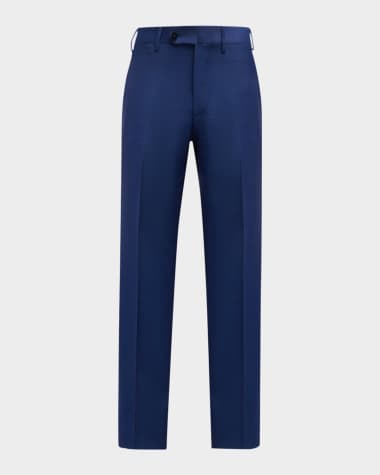 Navy blue linen flat-front slim fit Cigarette Pants