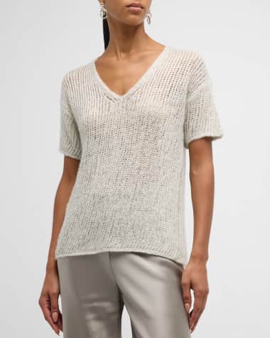 TSE Cashmere V-Neck Mesh-Stitch Metallic Knit Pullover