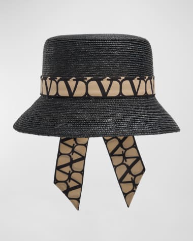 Valentino Garavani Toile Iconographe Straw Bucket Hat With V-Logo Scarf