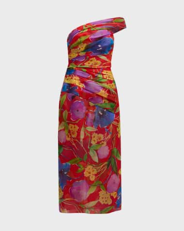 Carolina Herrera Floral One-Shoulder Ruched Midi Dress with Shoulder Sash