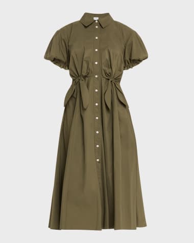 Tanya Taylor Elza Puff-Sleeve Tie-Waist Midi Shirtdress