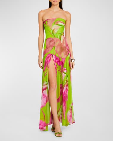 Retrofete Marisol Strapless Floral Silk Slit Dress