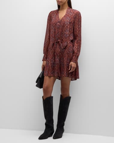 PAIGE Cleobelle Printed Long-Sleeve Tie-Neck Mini Dress