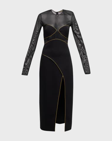 KOLTSON Long-Sleeve Cady Illusion Midi Dress