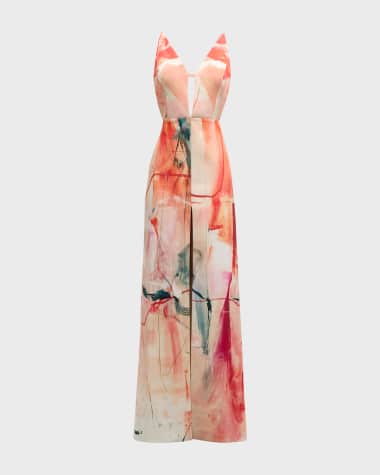 KOLTSON Plunging Abstract-Print Backless Silk Crepe Gown
