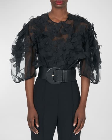 Carolina Herrera Floral Embroidered Puff-Sleeve Sheer Top