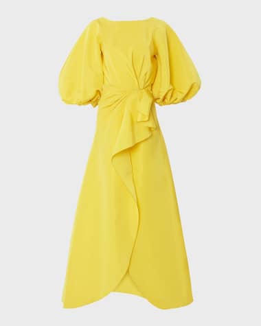 Carolina Herrera High-Neck Puff-Sleeve Draped Sarong Gown