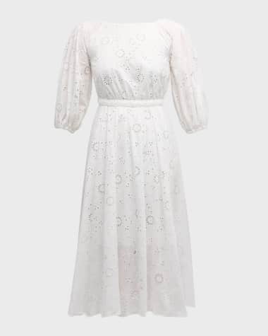 Carolina Herrera Shirred Puff-Sleeve Broderie Anglaise Midi Dress