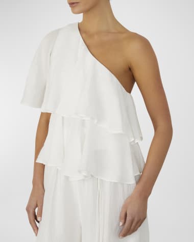 JOSLIN Susie One-Shoulder Ruffle Tiered Seersucker Top