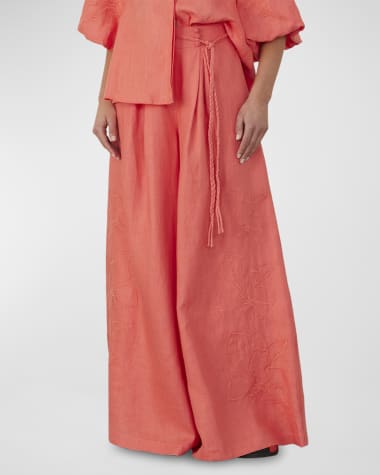JOSLIN Elaina Floral-Embroidered Linen Palazzo Pants