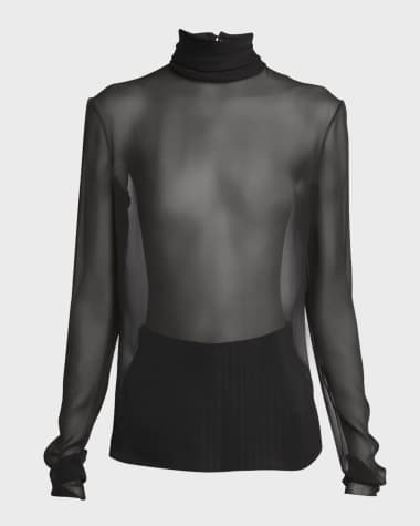 Saint Laurent Long-Sleeve Back-Drape Sheer Chiffon Blouse
