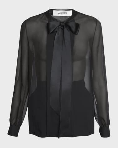 Saint Laurent Bow-Neck Silk Chiffon Blouse