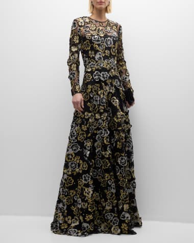 Naeem Khan Black and White Embroidered Floral Gown