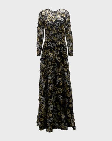 Naeem Khan Black and White Embroidered Floral Gown