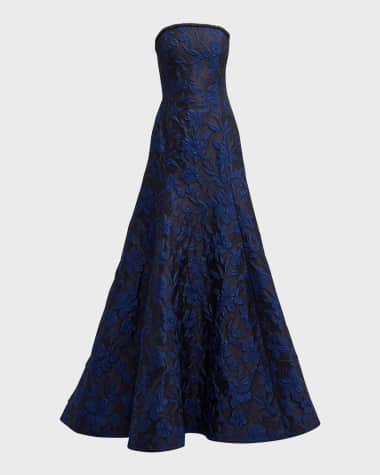 Naeem Khan Blue Jacquard Gown with Embroidered Detail