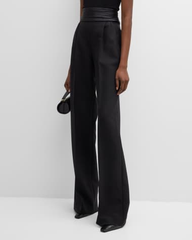 LaQuan Smith Satin Cummerbund Double-Plated Straight-Leg Trousers