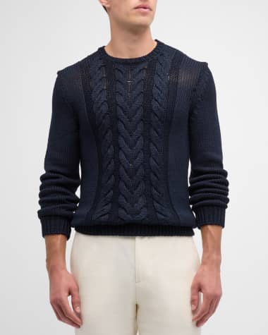 Isaia Men's Silk-Cotton Cable Knit Crewneck Sweater