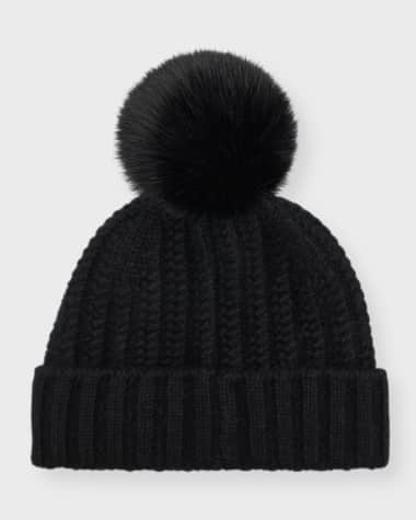 Sofia Cashmere Braided Knit Cashmere Beanie With Faux Fur Pom