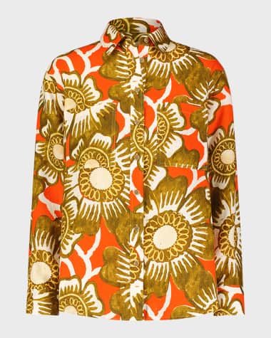 Mara Hoffman Adele Oversized Button-Front Floral Hemp Shirt