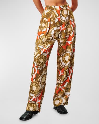 Colorful Abstract Floral-Print Wide-Leg Pants With Pleated Cuffs