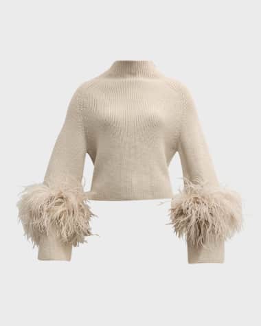 LAPOINTE Feather-Trim Slit-Sleeve Crop Sweater