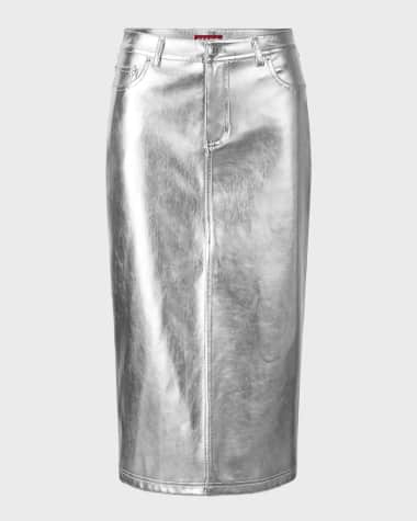 STAUD Oaklyn Metallic Denim-Style Midi Skirt